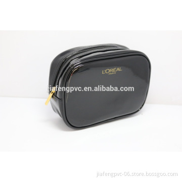 Audit factory black patent PU cosmetic bag with gold logo